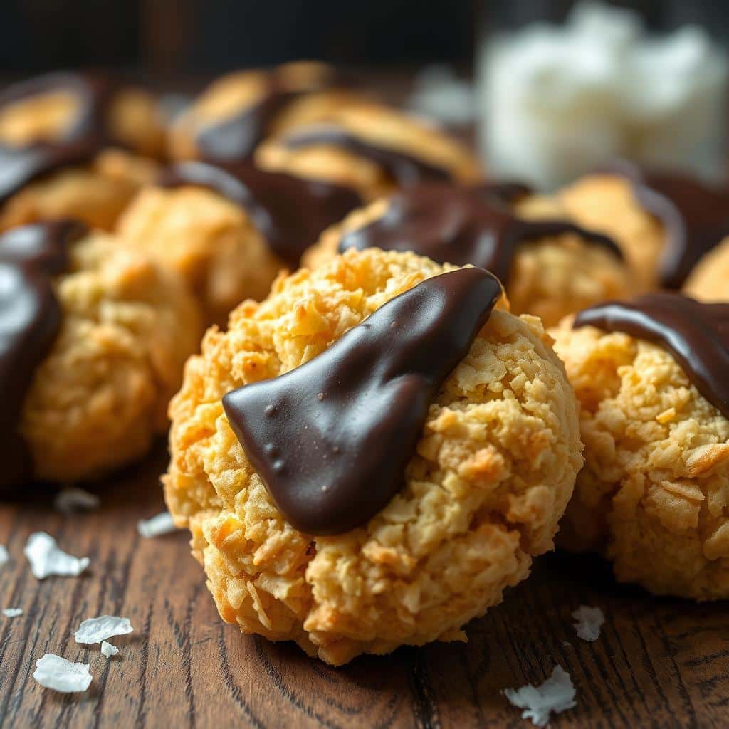 "Freshly baked chocolate-dipped coconut macaroon cookies on a tray, featuring a golden crust and a glossy chocolate coating."