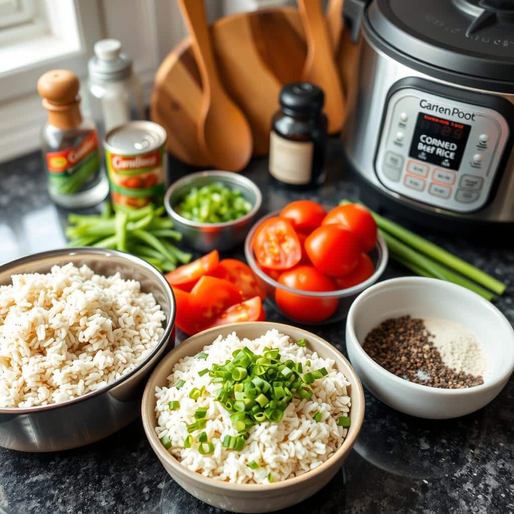 Corned Beef Rice Ingredients and Tools