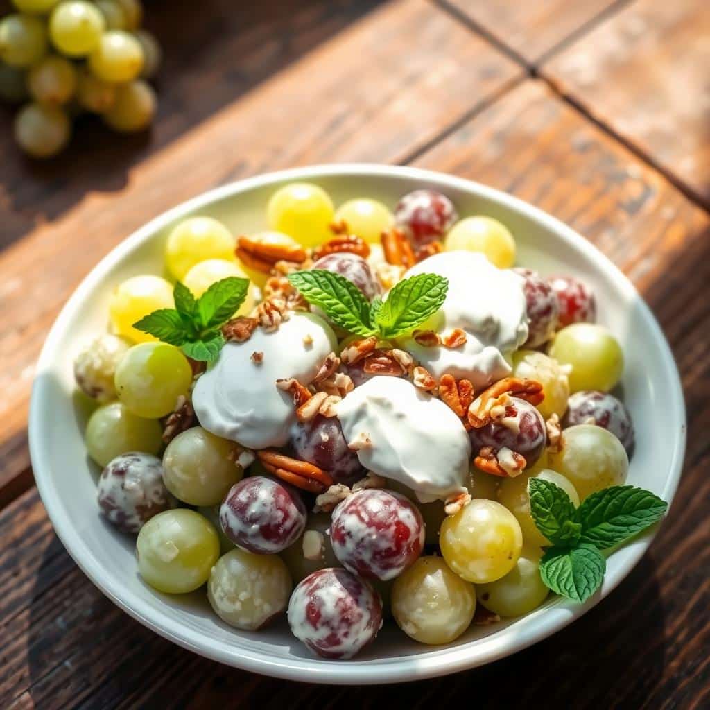 A bowl of Chicken Salad Chick's creamy grape salad topped with crushed pecans and brown sugar