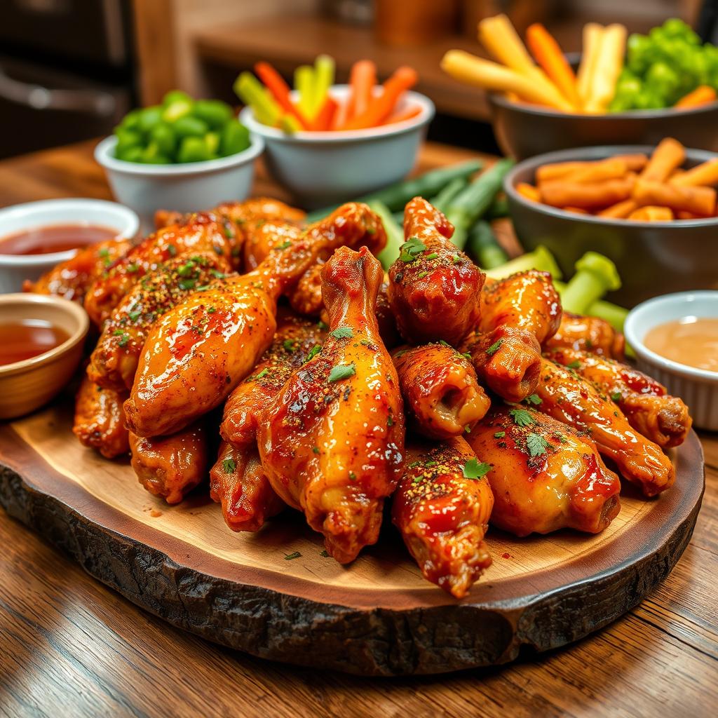 Perfectly seasoned chicken wings arranged on a plate, crispy and golden brown, garnished with fresh herbs and served with a side of dipping sauce