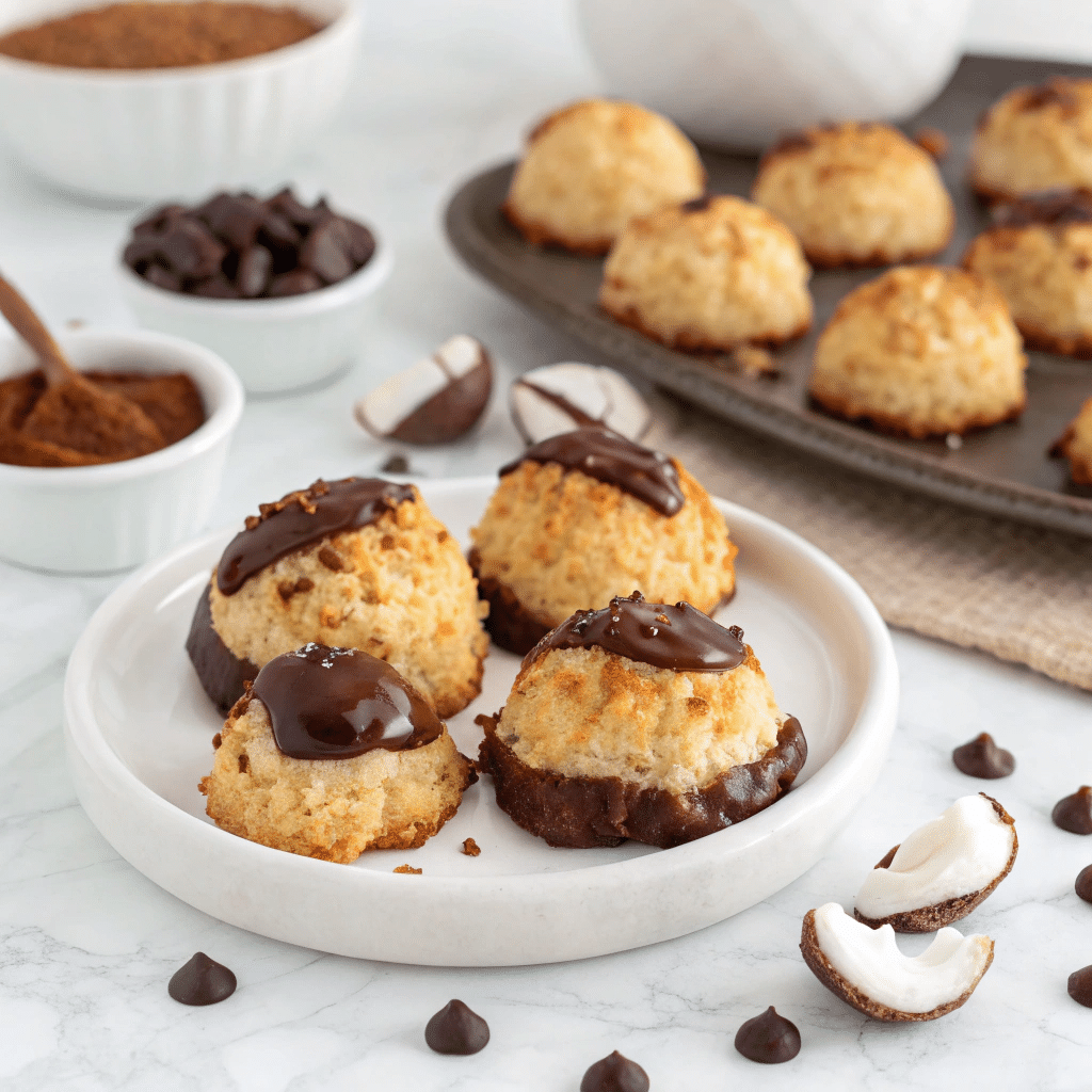 Chocolate-Dipped Coconut Macaroon Cookies with easy recipe instructions