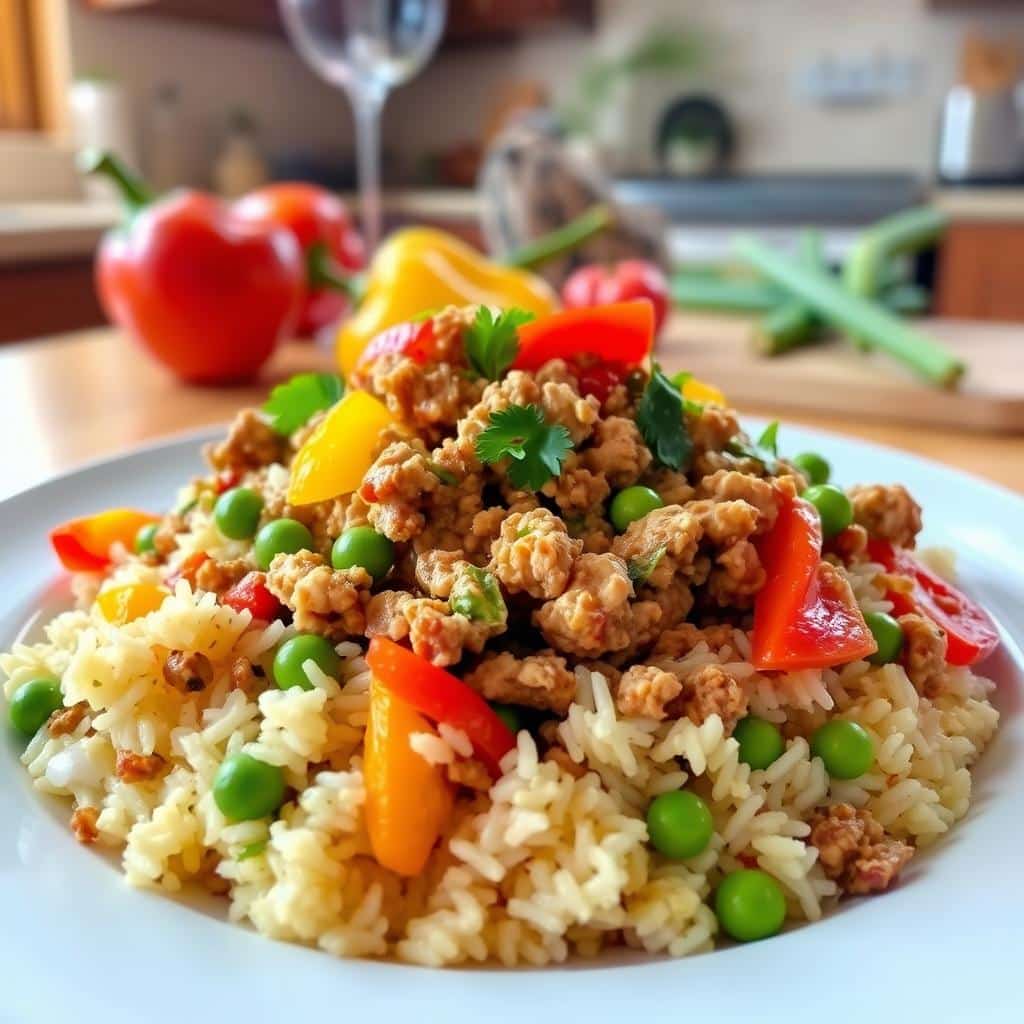 A healthy and delicious ground turkey and rice dish served in a white bowl garnished with fresh parsley