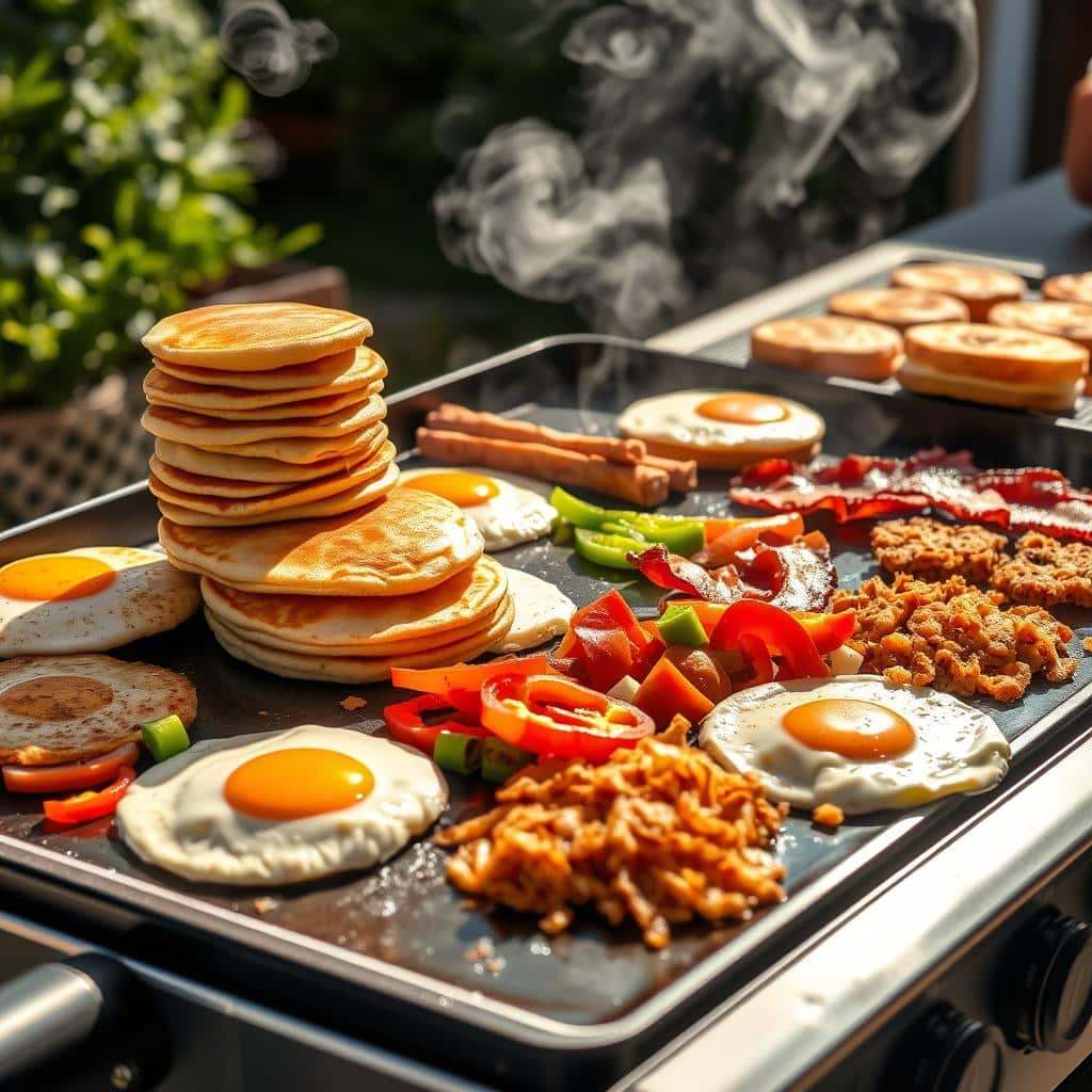 "Variety of Blackstone griddle recipes, including sizzling chicken fajitas, grilled vegetables, and juicy burgers, served on a rustic outdoor table."