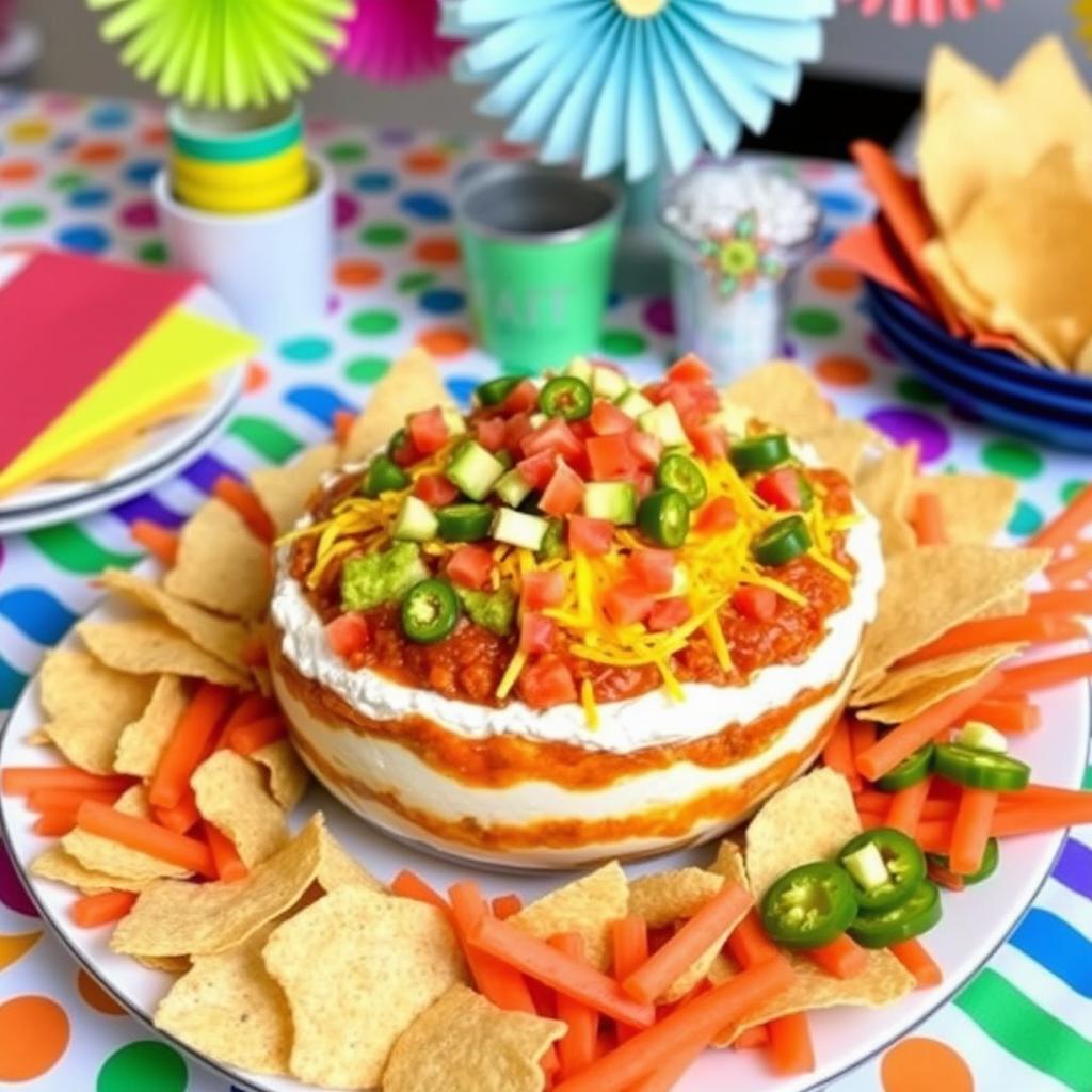 "Layered easy taco dip with creamy sour cream, refried beans, salsa, shredded cheese, and fresh toppings, served with tortilla chips for a party."