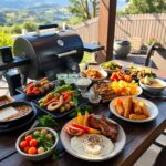 "Grilled dishes prepared on a Traeger grill, featuring a variety of meats and vegetables, perfect for every occasion."