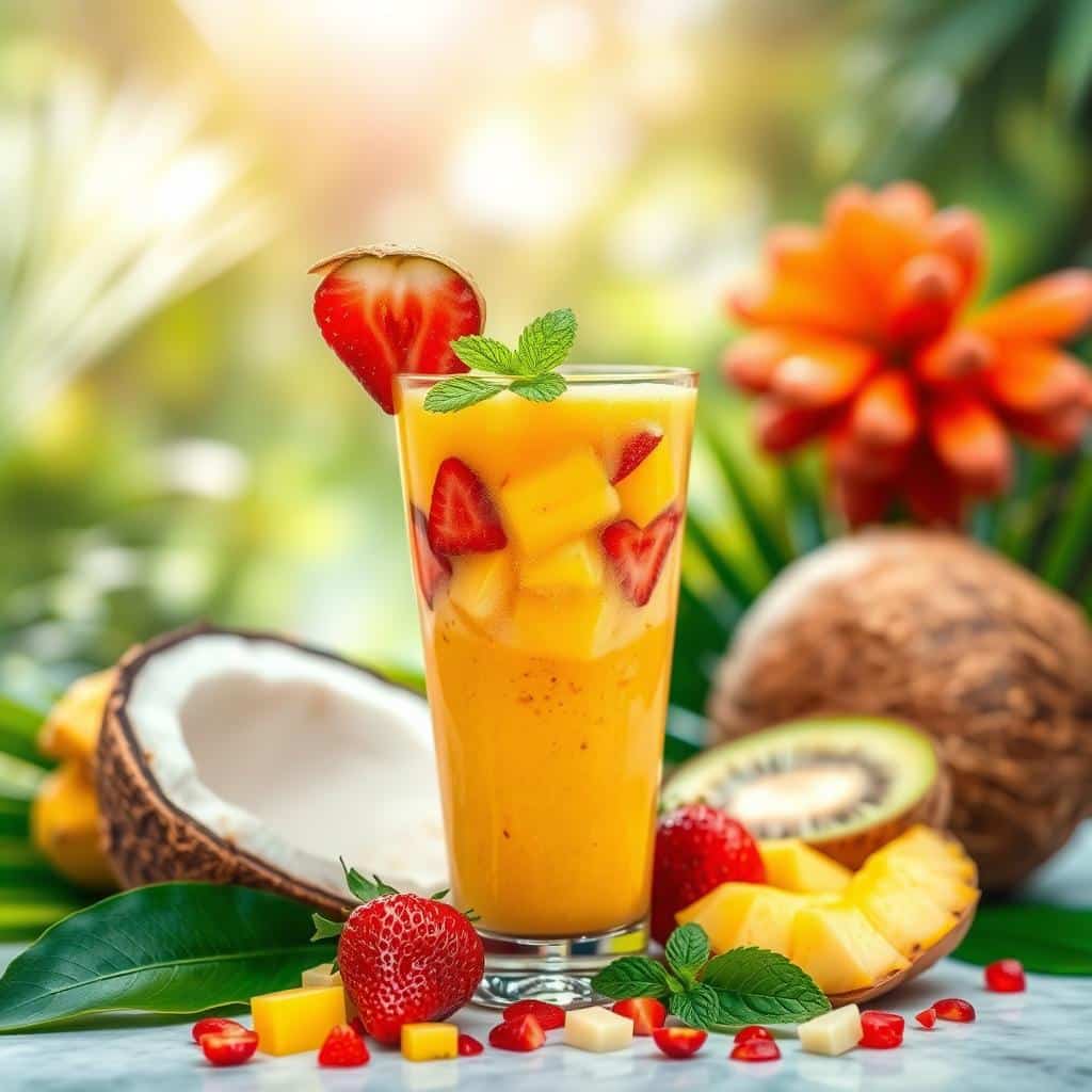 Refreshing tropical smoothie in a glass garnished with pineapple and a slice of mango